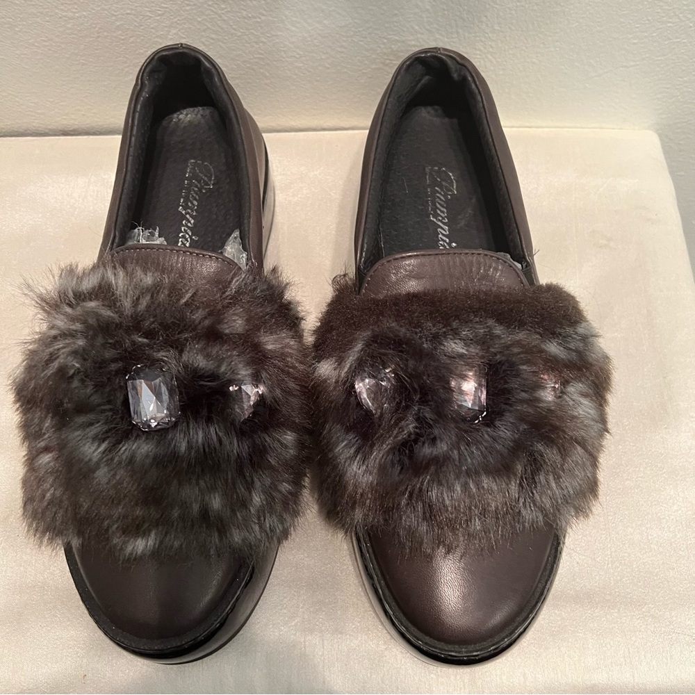 NEW PIAMPIANI  Black Leather Platform Loafers Faux Fur w Gems SIZE 38 Italy Made